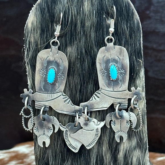 Navajo turquoise Yazzie statement cowboy boot sterling silver earrings - Picture 4 of 6